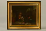 17th Century style Dutch Interior scene with men at tables, mother and daughter walking away looking pensive by Cornelius van der Meer Mohr, oil on panel, sold Jun 2019