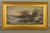 a lone figure walking towards a dilapidated watermill in a winter landscape by Gilbert Foster, 1879, oil on canvas, sold Jun 2019