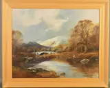 a Fisherman on a river against snow covered mountains, signed bottom by John Trickett, oil on canvas, sold Jun 2019