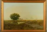 an early example of a traditional landscape by Coulson, having grazing sheep to mid ground and mist shrouded background by Lawrence Coulson, oil on canvas, sold Jun 2019