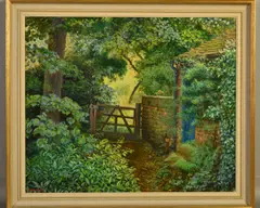 'Orchard Gate', red brick bothy and wall beside a wooden by Douglas Bliss, oil on canvas, sold Jun 2019