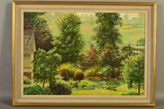 a country cottage garden scene with a male figure pushing a wheelbarrow by Douglas Bliss, oil on board, sold Jun 2019