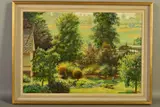 a country cottage garden scene with a male figure pushing a wheelbarrow by Douglas Bliss, oil on board, sold Jun 2019