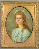 a head and shoulders portrait of a young female figure wearing a blue dress with a bow in her hair by Norah Fulcher, watercolour, sold Jun 2019
