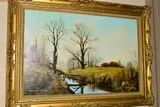 fields and scrubland separated by a stream, signed bottom left, oil by Michael Morris, oil on canvas, sold Jun 2019