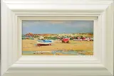 a coastal landscape of boats on a beach at low tide, signed bottom by Helios Gisbert, oil on board, sold May 2019