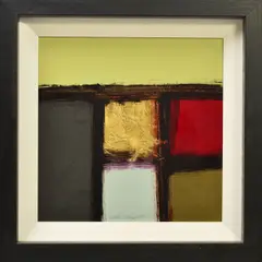 'Gold Dust', abstract squares, signed bottom edge, framed, oil on by Ron Kempton, oil on board, sold May 2019