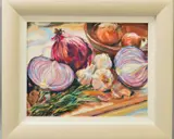 'Onions', a still life study of onions and garlic, signed by Dan Obrien, oil on canvas, sold May 2019