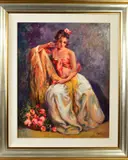 a seated full length portrait of a Spanish Gypsy Lady, by Jose Luis Giner, oil on canvas, sold May 2019