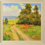 an impressionist landscape, signed bottom right, oil on board, framed, by Rhu Hui, oil on board, sold May 2019