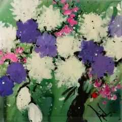 'Smokey Depths', stylised blossoms, signed verso, acrylic by Danielle O'Connor Akiyama, acrylic, sold May 2019