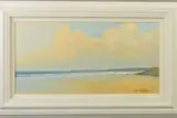 'Beach I', a coastal landscape with distant figures, signed by Enrique Martinez, oil on board, sold May 2019