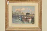 'Honfleur-outer Harbour', fishing boats berthed in harbour with by Andrew King R.o.i. N.s, oil on board, sold May 2019