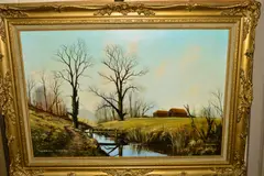 fields and scrubland separated by a stream, signed bottom left, oil by Michael Morris, oil on canvas, sold May 2019