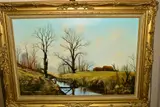 fields and scrubland separated by a stream, signed bottom left, oil by Michael Morris, oil on canvas, sold May 2019