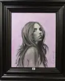 'Olivia', a monochrome portrait of a young woman against a violet by Oksana Leadbitter, Gouache/watercolour on board, framed, approximately, sold May 2019