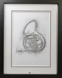'Melody V', a charcoal study of a French horn, signed in by Penny Warden, charcoal, sold May 2019