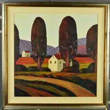 A LANDSCAPE WITH WHITE HOUSES, initialled bottom right, by Irina Koulikov, acrylic on canvas, sold Apr 2019