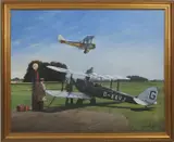 Bi-Planes (on the airfield) acrylic on canvas, framed signed lower right 75 x 60cm by Alec Macdonald, acrylic on canvas, sold Oct 2018