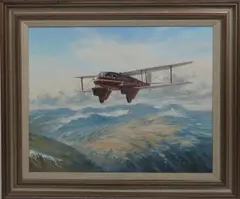 Bi-Plane flying over mountains by John Young, acrylic on canvas, sold Oct 2018