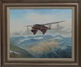 Bi-Plane flying over mountains by John Young, acrylic on canvas, sold Oct 2018