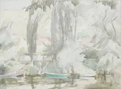 Moored Boat,1929 watercolour sketch on paper, laid on board and 14 other prints and a pastel by Percy Hague Jowett, watercolour, offered Oct 2018