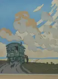 The Caravan woodcut on paper, framed signed and titled in pencil, 34 x 27cm by Hall Thorpe, woodcut on paper, sold Oct 2018