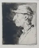 Hertfordshire Peasant, 1921 etching on paper, mounted and seven other etchings by Robins by William Palmer Robins, etching on paper, sold Oct 2018