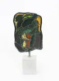 The Gods go a-begging, 1985 painted stained glass panel with lead, in silver mount by MRB, on white polished alabaster base by Patrick Reyntiens, sculpture, sold Oct 2018