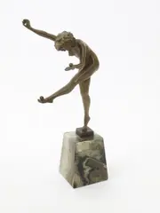 The Juggler patinated bronze on veined polished marble base unsigned, 32.5cm by Claire Jeanne Roberte Colinet, bronze, sold Oct 2018