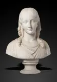 A 19th century carved marble bust of a young lady, her hair in tresses and wearing a classical tunic, titled 'DILIGES by Pompeo Marchesi, sculpture, sold Jul 2018