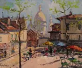 A Parisian square in the sunshine Signed by Georgi Alexandrovic Lapchine, Oil on canvas, sold Jun 2018
