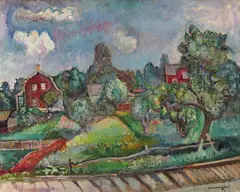 A village landscape with houses and gardens Signed by Pinchus Krémègne, Oil on canvas, sold Jun 2018
