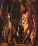 Au Café Signed Oil by Abraham Rattner, Oil on board, sold Jun 2018