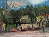 View of houses through the trees Signed Oil by Rudolph Levy, Oil on canvas, offered Jun 2018