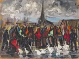 Busy market scene with geese and a church beyond Signed Oil on by Markey Robinson, Oil on board, sold Jun 2018