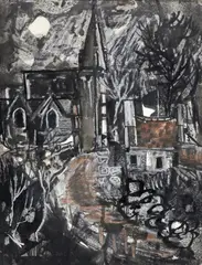 Church and Cottages Signed Mixed media on textured paper 44.5 x 34cm Provenance: Heal’s Mansard Art Gallery, London, No by Gwilym Pritchard, Mixed media on textured paper, sold Jun 2018