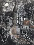 Church and Cottages Signed Mixed media on textured paper 44.5 x 34cm Provenance: Heal’s Mansard Art Gallery, London, No by Gwilym Pritchard, Mixed media on textured paper, sold Jun 2018