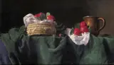 Still life of strawberries in a basket with a copper jug Signed and by George Weissbort, Oil on canvasboard, sold Jun 2018