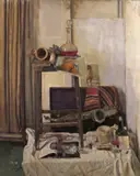 Still life including a saxophone by George Weissbort, Oil on canvasboard, sold Jun 2018