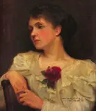 Portrait of a woman with a rose on her dress Signed with by Frank O. Salisbury, Oil on canvasboard, sold Jun 2018