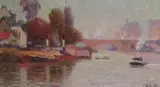 River scene with steam boats by a bridge Signed Oil on by Joseph Delattre, Oil on canvasboard, sold Jun 2018