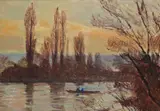Rural river view with figures in a boat Signed Oil by Joseph Delattre, Oil on canvas, sold Jun 2018