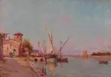 Mediterranean harbour scene with moored fishing boats Signed Oil on by Henry Malfroy, Oil on canvas, sold Jun 2018