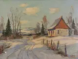 Snowy mountain scene with cottage Signed Oil on board 46 x 60cm by T. Arlis, Oil on board, sold Jun 2018
