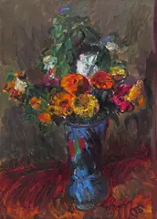 Still life of flowers in a blue vase Signed with initials Oil on canvas 66 x 46cm Provenance: Alex Reid & Lefevre Ltd., London Property from a deceased estate by Matthew Smith, Oil on canvas, sold Jun 2018