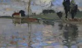 Cottage at lakeside Oil on canvasboard 30.5 x 48cm ++Good condition by Bertram Walter Priestman, Oil on canvasboard, sold Jun 2018