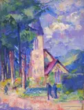 Church in Surrey by Alfred Wolmark, Oil on canvasboard, offered Jun 2018
