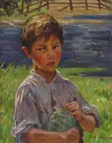 The little fisherman Signed Oil on canvas, unframed 45 x 35cm A St Ives Artist and wife of artist John Arnesby Brown ++Good condition by Mia Arnesby Brown, Oil on canvas, unframed, offered Jun 2018