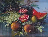 Still life of watermelon, pomegranate and grapes Signed Oil on board 40 x 50cm Provenance: Certificate of authenticity label verso ++Good condition by Vincenzo Aprile, Oil on board, sold Jun 2018